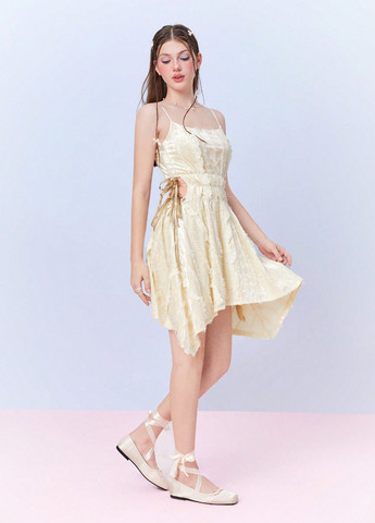 Светло-желтое праздничный, кэжуал платье клеш, а-силуэт, с открытой спиной SHEIN однотонное