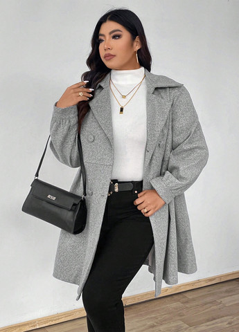 Светло-серое демисезонное Пальто двубортное SHEIN