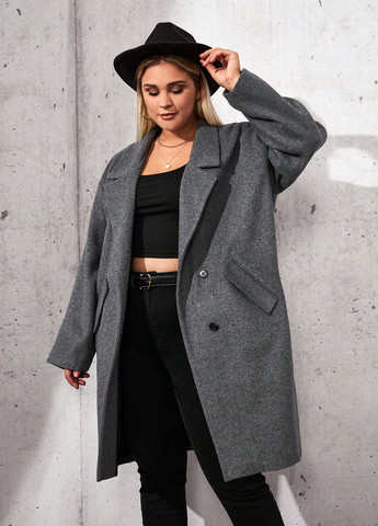 Темно-серое зимнее Пальто двубортное SHEIN