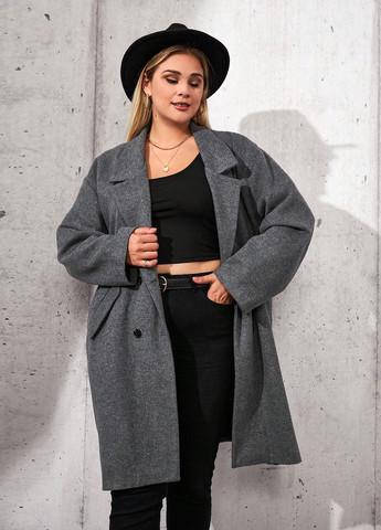 Темно-серое зимнее Пальто двубортное SHEIN