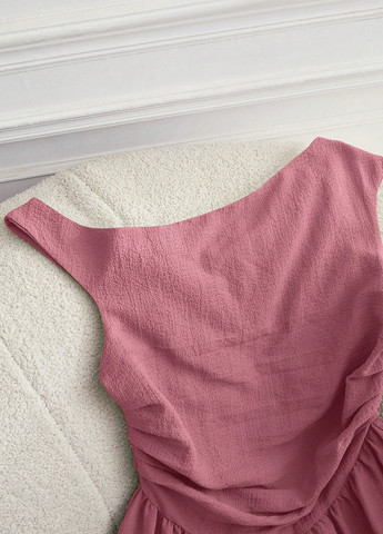 Розовое кэжуал, коктейльное платье клеш, на одно плечо SHEIN однотонное