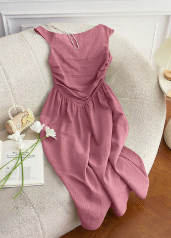 Розовое кэжуал, коктейльное платье клеш, на одно плечо SHEIN однотонное