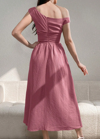 Розовое кэжуал, коктейльное платье клеш, на одно плечо SHEIN однотонное