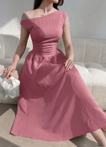 Розовое кэжуал, коктейльное платье клеш, на одно плечо SHEIN однотонное