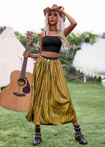 Золотая вечерний колор блок юбка SHEIN клешированная, а-силуэта (трапеция), плиссе