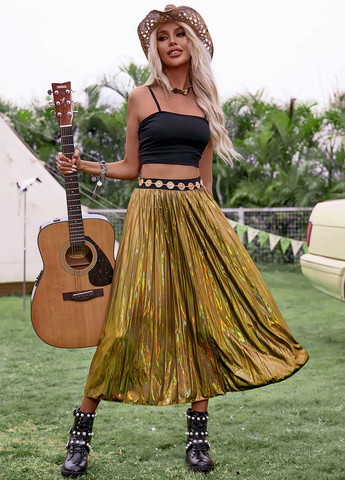 Золотая вечерний колор блок юбка SHEIN клешированная, а-силуэта (трапеция), плиссе