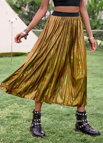 Золотая вечерний колор блок юбка SHEIN клешированная, а-силуэта (трапеция), плиссе