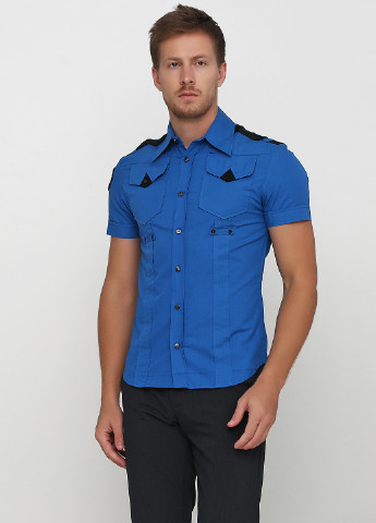Синяя кэжуал рубашка однотонная C'N'C с коротким рукавом