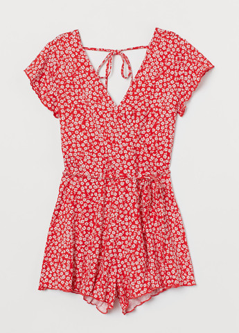 Комбинезон H&M комбинезон-шорты цветочный красный кэжуал полиэстер, трикотаж
