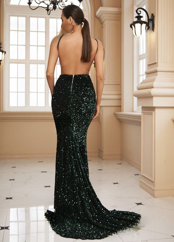 Темно-зеленое вечернее платье со шлейфом, с открытой спиной SHEIN однотонное