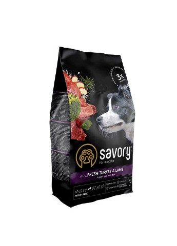 Сухой корм для собак средних пород со свежим мясом индейки и ягненка, 3 кг Savory (231268544)