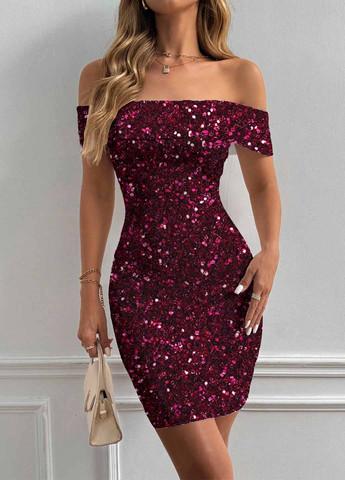 Темно-бордова коктейльна сукня силуетна, з відкритими плечима SHEIN однотонна