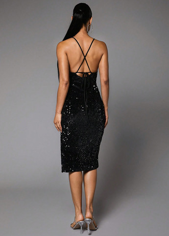 Чорна коктейльна, вечірня сукня з відкритою спиною SHEIN однотонна