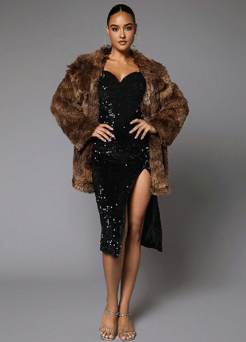 Чорна коктейльна, вечірня сукня з відкритою спиною SHEIN однотонна