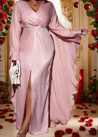 Розовое коктейльное, вечернее платье со шлейфом SHEIN однотонное