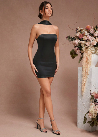 Черное праздничный, коктейльное, вечернее платье бандо SHEIN однотонное
