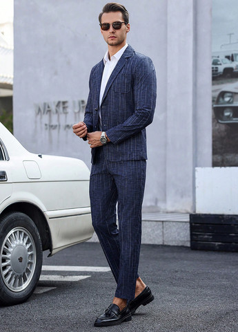 Темно-синий демисезонный костюм (пиджак, брюки) брючный SHEIN