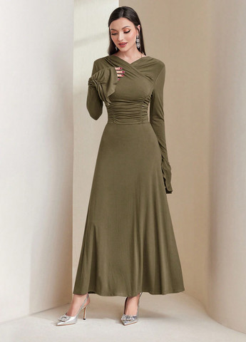 Оливковое (хаки) кэжуал, вечернее платье клеш SHEIN однотонное