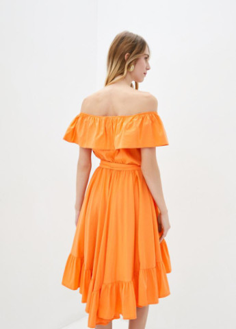 Оранжевое пляжное летнее ассимитрическое женское платье с воланами с открытыми плечами Podium однотонное