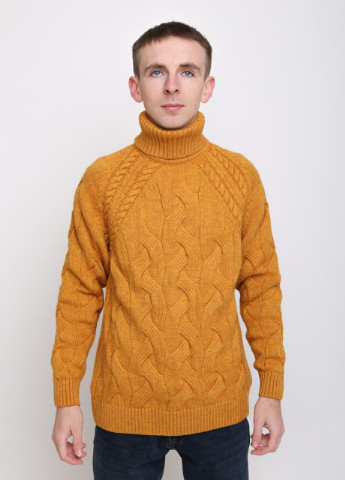 Оранжевый зимний свитер мужской оранжевый вязаный косами теплый с горлом Pulltonic Прямой