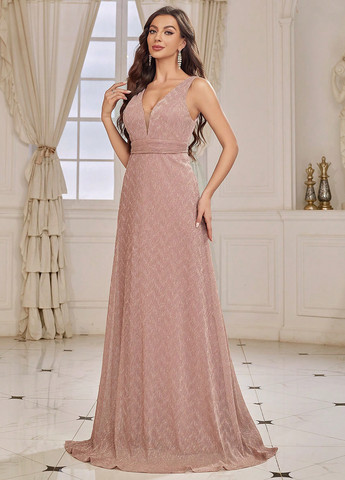 Светло-бежевое праздничный, вечернее платье в стиле ампир, с открытой спиной SHEIN с геометрическим узором