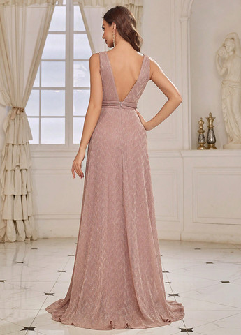 Светло-бежевое праздничный, вечернее платье в стиле ампир, с открытой спиной SHEIN с геометрическим узором