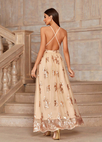 Бежева святковий, вечірня сукня а-силует, з відкритою спиною SHEIN однотонна