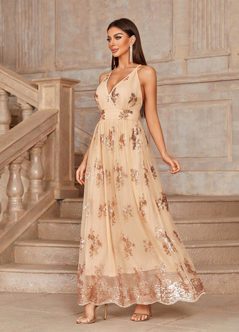 Бежева святковий, вечірня сукня а-силует, з відкритою спиною SHEIN однотонна