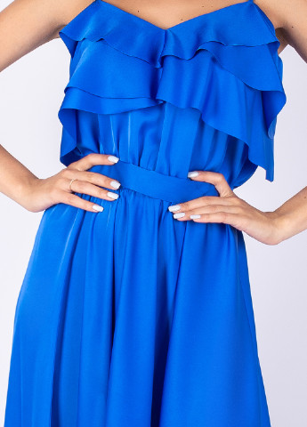 Синее вечернее платье с открытыми плечами Seam однотонное
