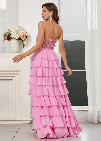 Рожева святковий, вечірня сукня з баскою, бандо, з відкритими плечима, з відкритою спиною SHEIN однотонна