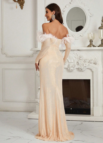 Бежева вечірня сукня з відкритими плечима SHEIN однотонна