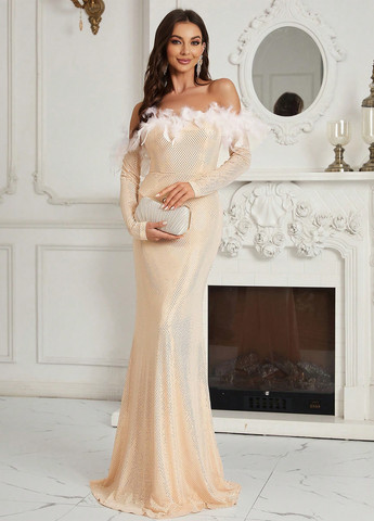 Бежева вечірня сукня з відкритими плечима SHEIN однотонна