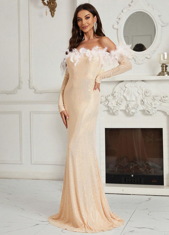 Бежева вечірня сукня з відкритими плечима SHEIN однотонна