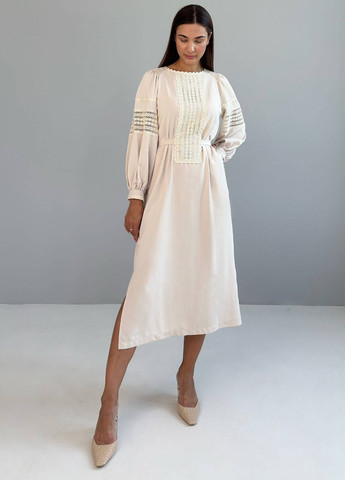 Кремовое праздничный, кэжуал платье а-силуэт No Brand однотонное