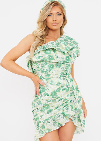 Зеленое кэжуал платье на одно плечо PrettyLittleThing с цветочным принтом