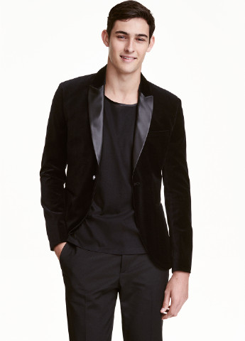 Пиджак H&M однотонный чёрный деловой хлопок, велюр