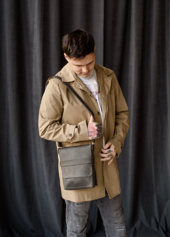 Чоловіча сумка месенджер через плече ручної роботи з натуральної вінтажної шкіри сірого кольору Boorbon (253412648)