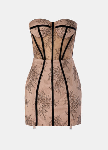 Бежевое праздничный, коктейльное платье с открытыми плечами Gepur с рисунком
