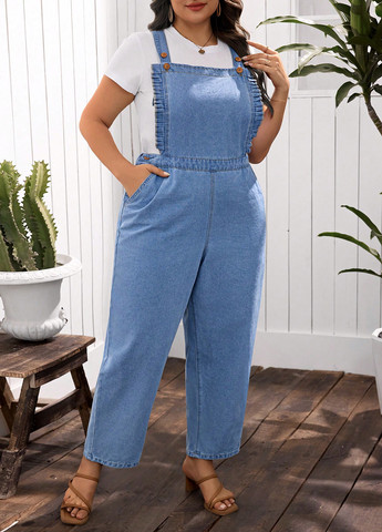 Комбинезон SHEIN комбинезон-брюки однотонный голубой денил, кэжуал хлопок, джинс