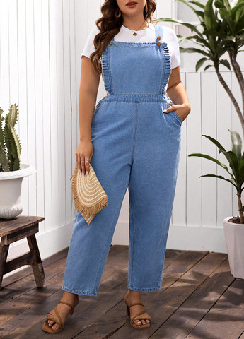 Комбинезон SHEIN комбинезон-брюки однотонный голубой денил, кэжуал хлопок, джинс