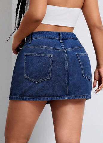 Темно-синяя джинсовая однотонная юбка SHEIN а-силуэта (трапеция)