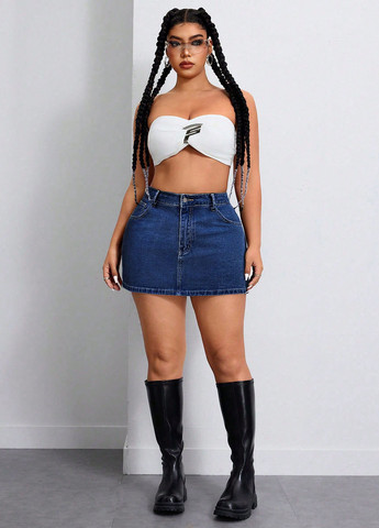 Темно-синяя джинсовая однотонная юбка SHEIN а-силуэта (трапеция)