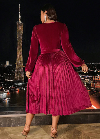 Темно-червона кежуал сукня кльош, плісована SHEIN однотонна