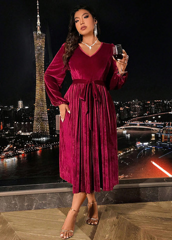 Темно-червона кежуал сукня кльош, плісована SHEIN однотонна