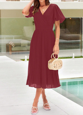 Бордовое кэжуал платье плиссированное, на запах SHEIN однотонное