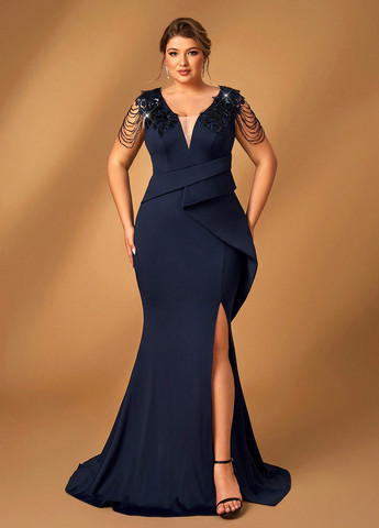 Темно-синее праздничный, вечернее платье со шлейфом, годе SHEIN однотонное
