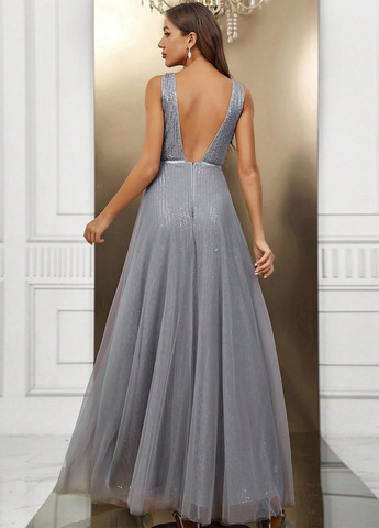 Сіра вечірня сукня з пишною спідницею, а-силует, з відкритою спиною SHEIN однотонна