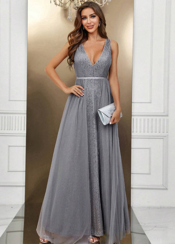 Сіра вечірня сукня з пишною спідницею, а-силует, з відкритою спиною SHEIN однотонна