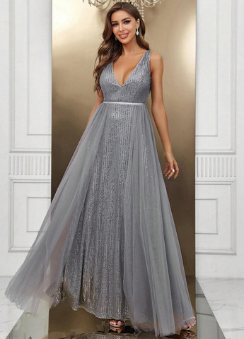 Сіра вечірня сукня з пишною спідницею, а-силует, з відкритою спиною SHEIN однотонна