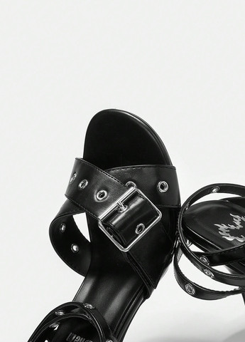 Черные босоножки SHEIN с ремешком с пряжкой, люверсы